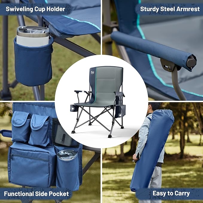 TIMBER RIDGE Oversized Folding Camping Chair High Back Heavy Duty for Adults Support up to 500lbs with Cup Holder, Side Pocket Cooler Bag