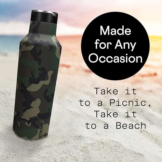 Corkcicle Classic Sport Canteen - Insulated Stainless Steel Water Bottle - Compact & Travel-Friendly - Durable - Dishwasher Safe - BPA Free - Non-Slip Silicone Base - 20 oz - Woodland Camo