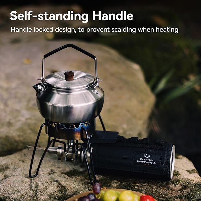 0.6 Liter Lightweight Stainless Steel Camping Kettle Portable Camp Tea Pot, Outdoor Campfire Use, Black