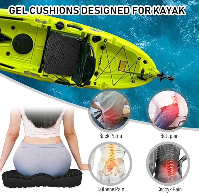 NEW-Vi Anti-Slip Kayak Seat Cushion - Double Thicken Gel Boat Cushion, Waterproof Kayak Gel Seat Cushion, Coccyx Sciatica Pain Relief, Kayak Accessories for Fishing, Kayak Fishing Accessories