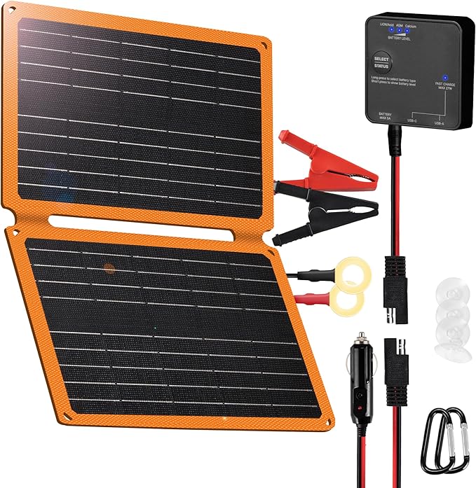 FieryRed 20W 12V Folding Solar Battery Trickle Charger Maintainer, 2-in-1 Portable Solar Trickle Charger with Built-in Charge Controller, Dual USB Fast Charging for Car Truck Boat Automotive Camping