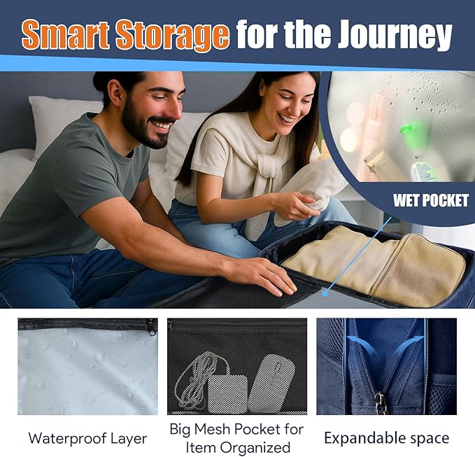 55L Travel Backpack, Extra Large Laptop Backpack, Carry On Backpack, Expandable 50L - 60L Large Luggage TSA Flight Approved Anti-Theft Laptop Bag, 18.4 Inch Business Weekender Bag For Men, Blue