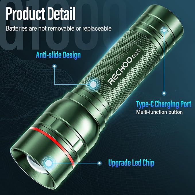 Rechargeable Flashlights High Lumens, G1000 Super Bright Flash Light 2 Pack, Small Zoomable LED Flashlight with 3 Lighting Modes, Portable Flashlight for Camping Essentials (Battery Included)-Green