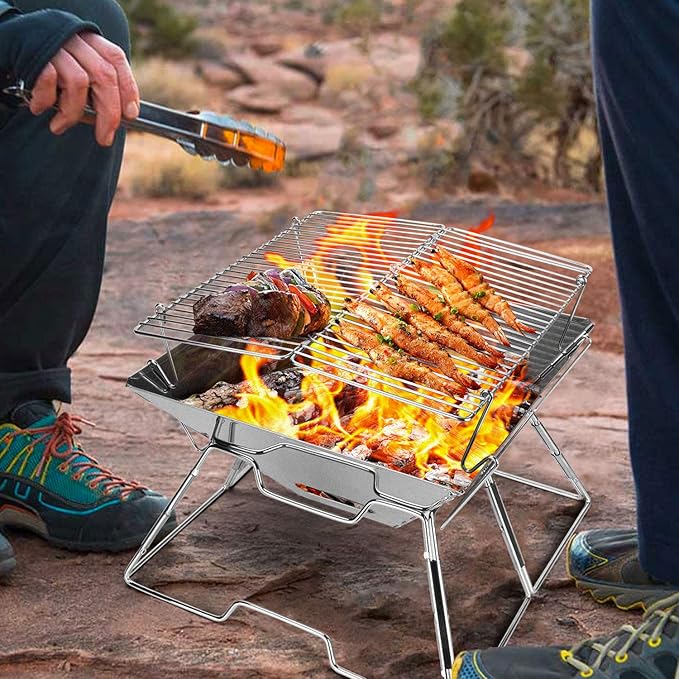 Odoland Folding Campfire Grill, 304 Stainless Steel Grate Barbeque Grill, Portable Camping Grill with Legs for Picnics, Backpacking, Outdoor with Carrying Bag and Kitchen Tongs