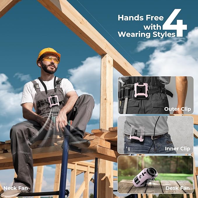 10000mAh Portable Waist Clip Fan,40H Cooling Personal Wearable Fan,5 Speeds 16000RPM Strong Belt Fan,Rechargeable Hands-free Neck Fan With Flashlight for Outdoor Jobsite Camping Traveling (Pink)