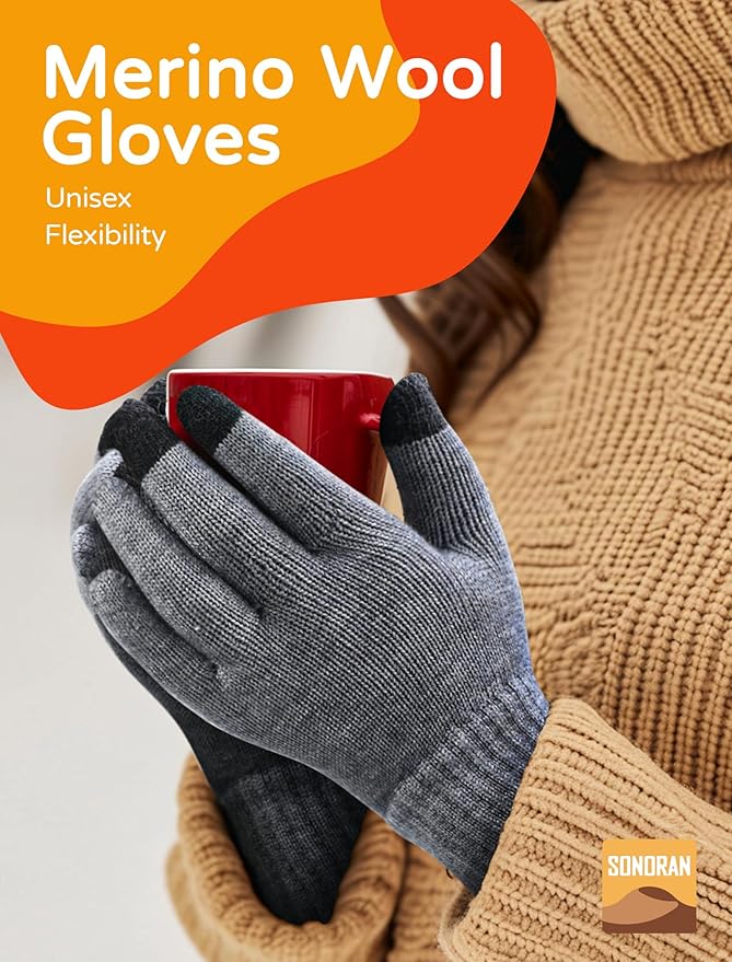 Merino Wool Gloves for Women Men, Touch Screen Warm Glove Liners Thermal Soft Knit Lining for Winter Running Hiking