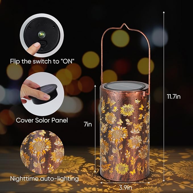 Homemory Sunflower Solar Lanterns Lights Outdoor Waterproof, Hollowed-Out Metal Decor Lantern, Gifts for Women, LED Solar Lights Metal Decoration Outside for Yard, Patio, Backyard, Porch, Lawn
