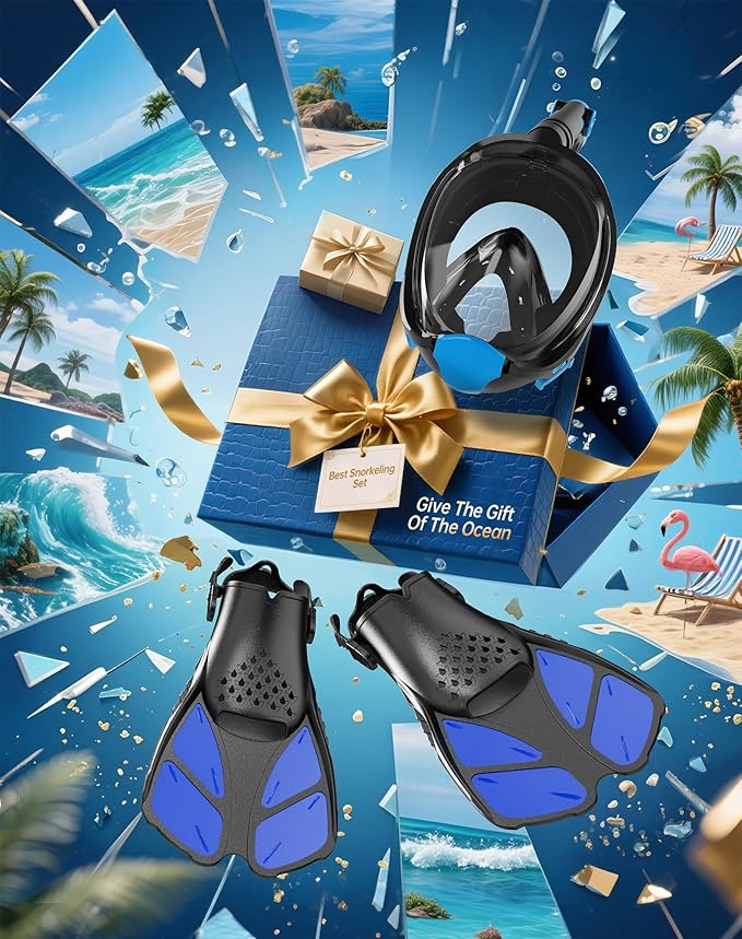 Mask Fins Snorkeling Gear for Adults, Full Face Snorkel Mask & Adjustable Swim Fins Snorkel Set, Panoramic View Snorkel Mask Dry Top Anti-Fog Anti-Leak