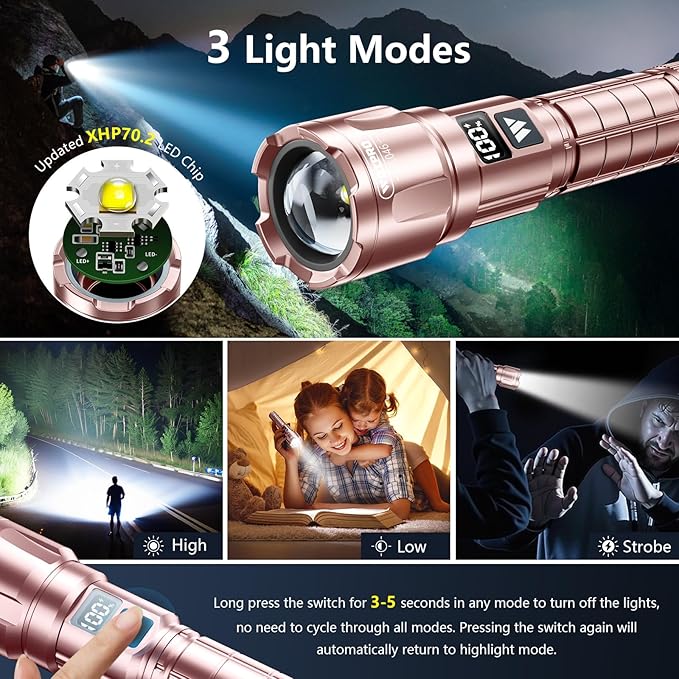 WdtPro LED Rechargeable Flashlight 2 Pack, Super Bright Zoomable 6000 Lumens Tactical Flashlight with LCD Digital Display, 3 Mode Waterproof Flash Light for Camping, Hunting & Home Emergency - Pink