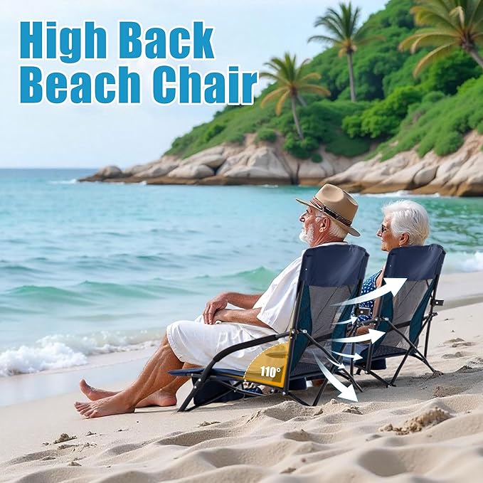 Lamberia Folding Beach Chair for Adults 2 Pack, Portable Low Beach Chairs with 300lbs Capacity, Lightweight Fodable Camping Chair for Travel, Picnic, Concert & Outdoor Activities, Navy Blue