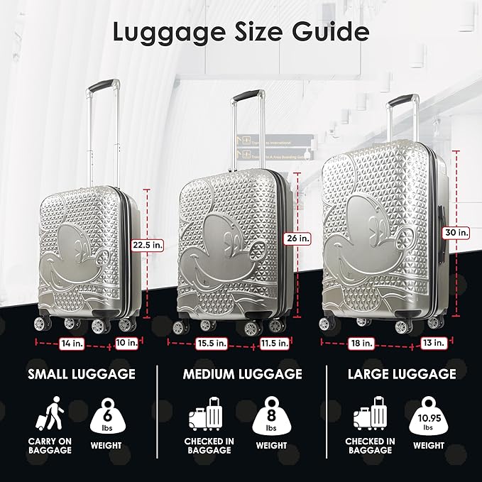 FUL Disney Mickey Mouse 3 Piece Rolling Luggage Set, Hardshell Suitcases with Spinner Wheels, 22/26/30 Inch, Silver