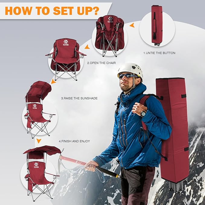 Camping Chair, Oversized Folding Chair with Canopy, Portable Outdoor Chair with Arms, Cup Holder and Carry Bag for Camping, Fishing, Beach, and Sports, Red