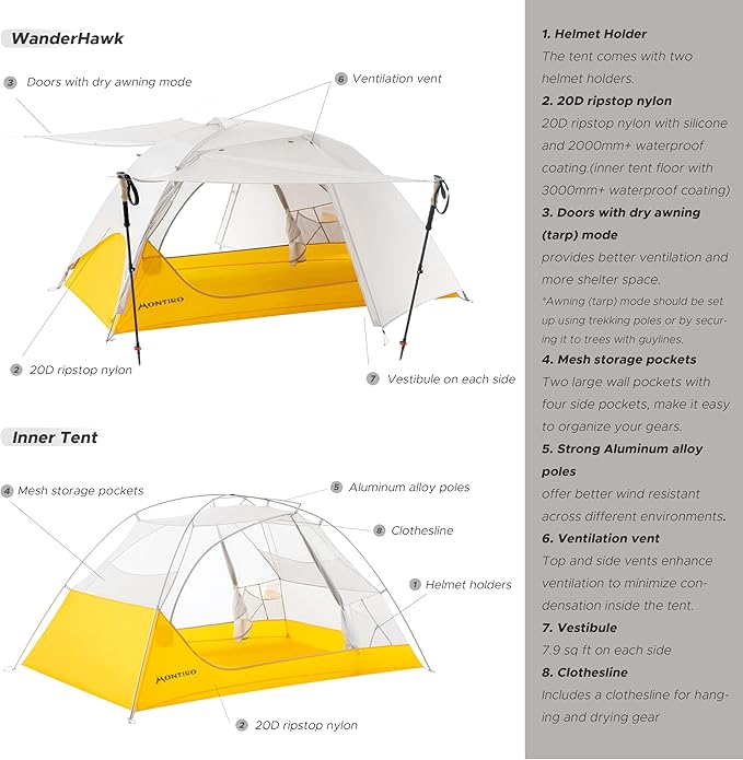Wander Hawk 2-Person Backpacking Tent, Lightweight 2 Person Tent for Bikepacking Backpacking Camping & Hiking
