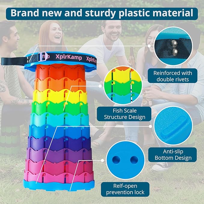 Retractable Folding Stool - Heavy Duty 400 lb Collapsible Portable Stool for Camping, Hiking, Fishing, Indoor/Outdoor with Non-Slip Base and Lightweight Design (Rainbow, 2-Pack)