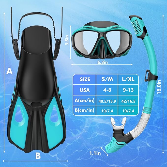 Snorkeling Gear for Adults Men Women, 3 in 1 Snorkel Set with Panoramic View Diving Mask Anti-Fog Anti-Leak, Snorkel Mask Dry Top Snorkel Fins for Swimming, Snorkeling and Travel Diving
