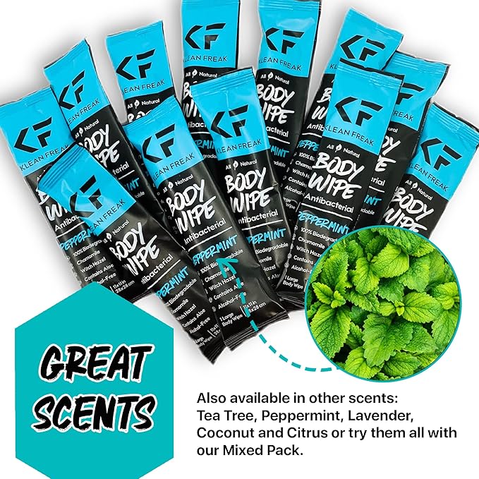 Body 12-Count Wipes - Original Disposable Wipes, Individually Wrapped for the Gym, Workout, Hiking, Travel, and Sport (Peppermint)