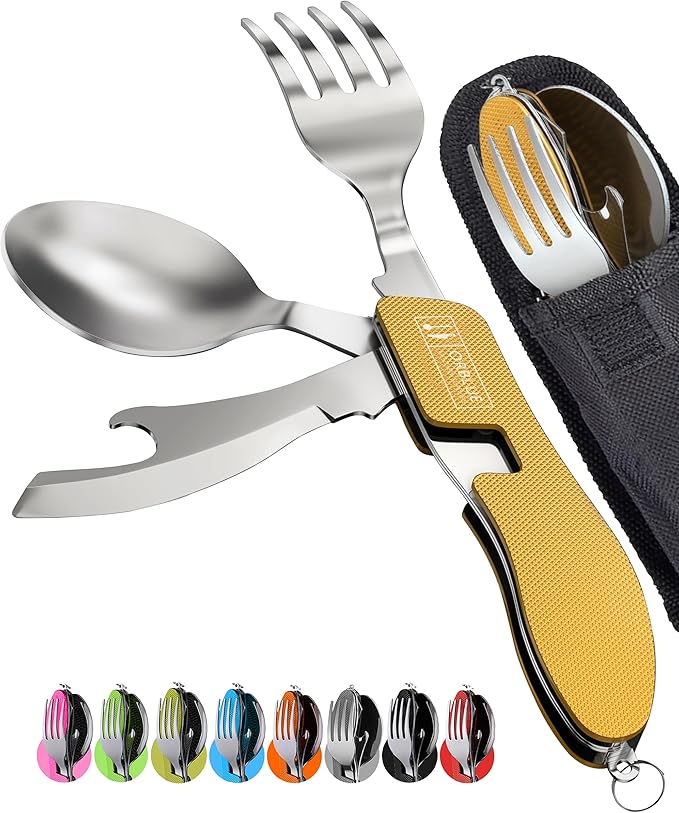Orblue 4-in-1 Camping Eating Utensils, 2-Pack - Portable Spoon, Fork, Knife & Bottle Opener Combo Set - Stainless Steel Flatware with Detachable Fork - Travel, Backpacking Cutlery Multitool, Yellow