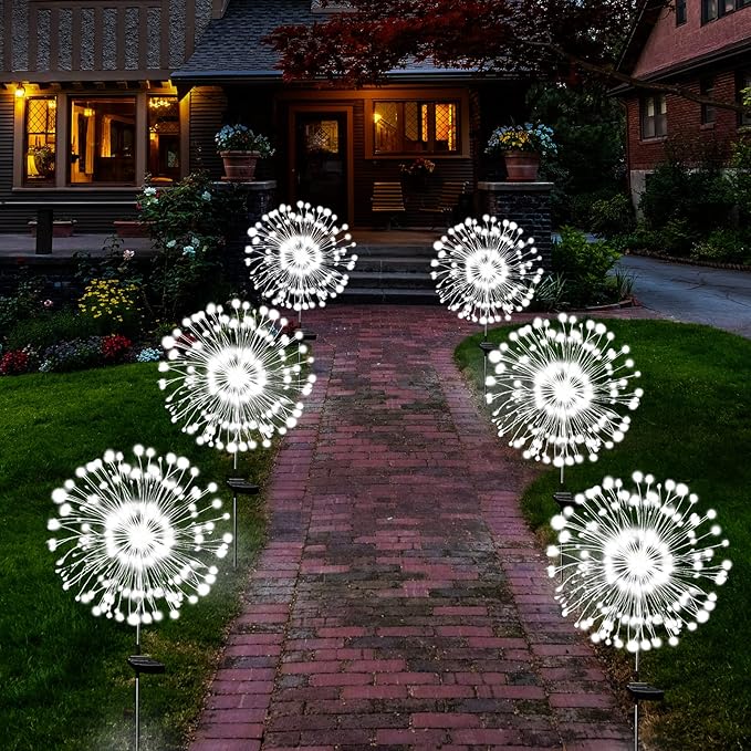 OriginalSourcing Solar Garden Firework Lights Outdoor Waterproof,4 Pack Solar Powered Art Stake Twinkle Lighting Outside Decor,180 LED Sparklers String Lights Yard Pathway Decorations(White)