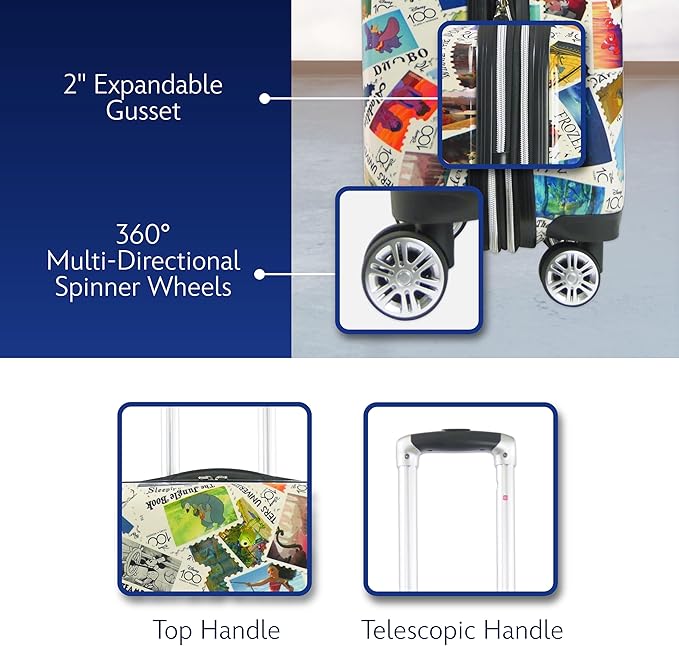 FUL Disney Stamps 26 Inch Rolling Luggage, Hardshell Checked Suitcase with Spinner Wheels, Multi
