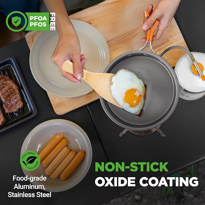 NutriChef Camping Cookware Set - Lightweight Nonstick Pots, Pans, Utensils, Bowls, Cutlery, and Cleaning Tools with Mesh Bag, Foldable Handles, Compact Outdoor Cooking Gear for Hiking & Travel (Grey)