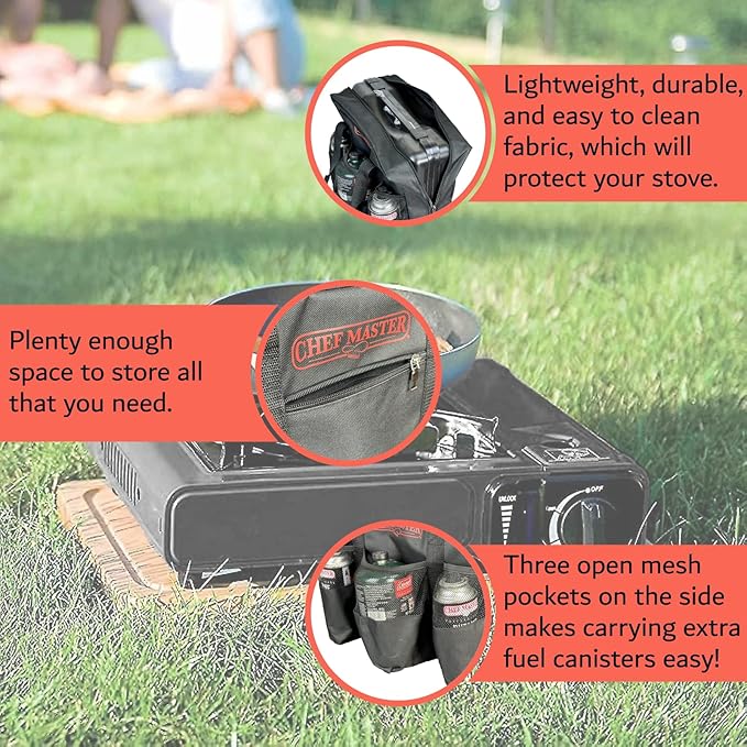Chef Master Carrying Bag for Camp Stove & Butane Fuel Canister, Travel Camping Bag for Tin Cans, Compatible for Most Portable Camp Stoves & Dual Fuel Stove for Outdoor Trip, Camping Essential 90080