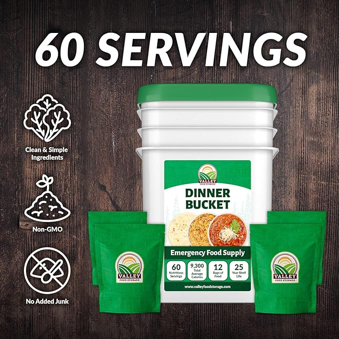 60 Serving Dinner Bucket | Premium Emergency Food Supply | Non-GMO Easy Prep Survival Food 25 Year Shelf Life | Camping Food, Backpacking Meals, Prepper Supplies | Valley Food Storage Packaged in USA