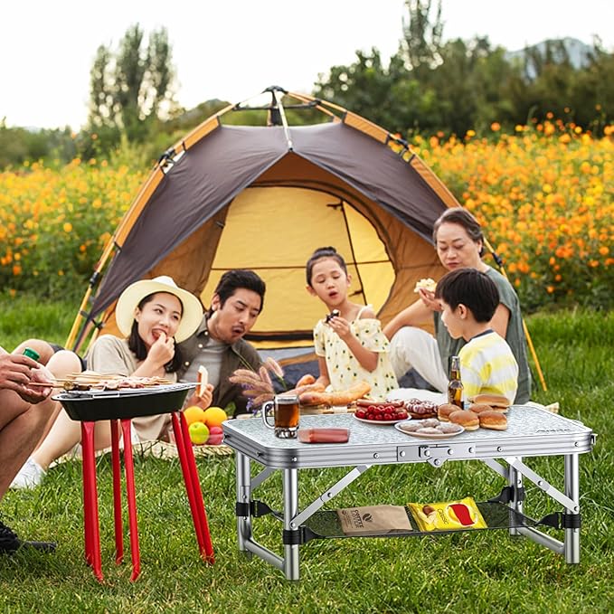 2ft Camping Table Foldable, 3 Adjustable Heights 26.3" Aluminum Small Folding Table with Storage Net, Lightweight, Portable Handle for Travel Outdoor Beach Picnic, 23.2" x 16", Silver