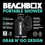 BeachBox Portable Shower Tank – Insulated Hot & Cold Water Tank for Camping, Beach, & Outdoor Adventures – 1.3 Gal Capacity – Multi-Spray Shower Gun – Easy Fill & Carry
