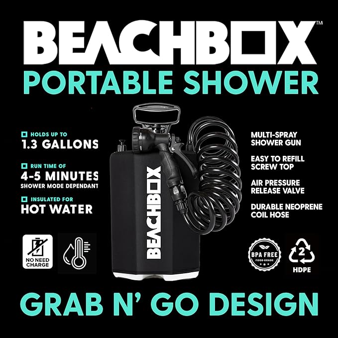 BeachBox Portable Shower Tank – Insulated Hot & Cold Water Tank for Camping, Beach, & Outdoor Adventures – 1.3 Gal Capacity – Multi-Spray Shower Gun – Easy Fill & Carry