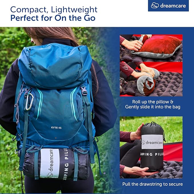 DREAMCARE Camping Pillow, Memory Foam Travel Pillow, Camping Accessories - Small Pillow Camping Essentials Camping Pillows for Sleeping, Backpacking Pillow, Travel Pillows for Sleeping (Medium, Red)