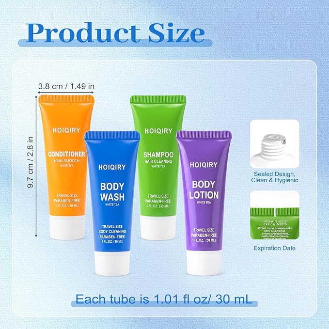 10 Set 4-IN-1 Travel Size Hotel Toiletries Bulk,40 Pack 30ml/1 fl oz Mini Hotel Toiletries with Body Wash,Shampoo,Conditioner,Body Lotion Guest Supplies Bulk for Homeless,Motel,Charity