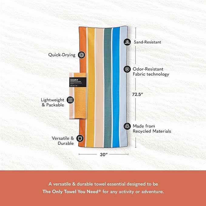 Nomadix Original Towel - Perfect for Beach, Pool, Travel, Camping, Yoga - Made with Recycled Materials - Super Absorbent - Sand Resistant - Stripes Retro - 72.5" x 30"