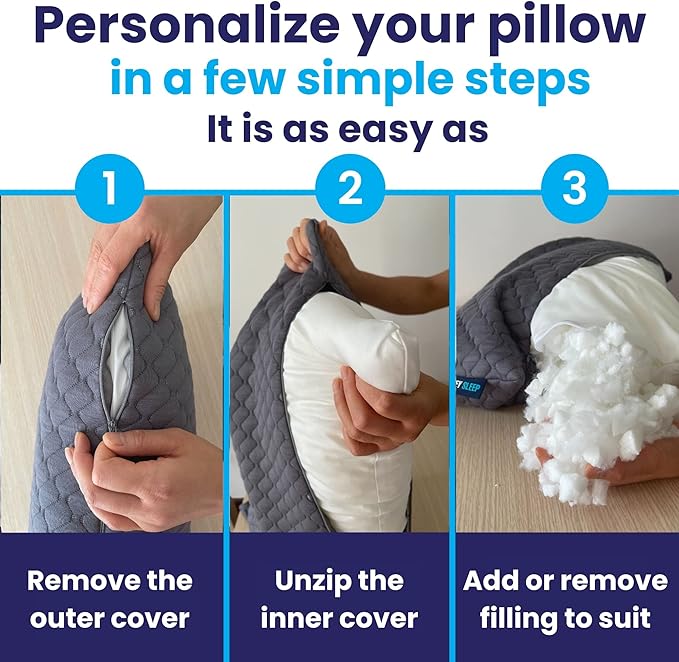 Sidney Sleep Bed Pillow for Side and Back Sleepers - Adjustable Filling - Memory Foam Pillow for Neck and Shoulder Pain - Customizable Loft - Queen Size - Additional Foam Bag Included (Grey)