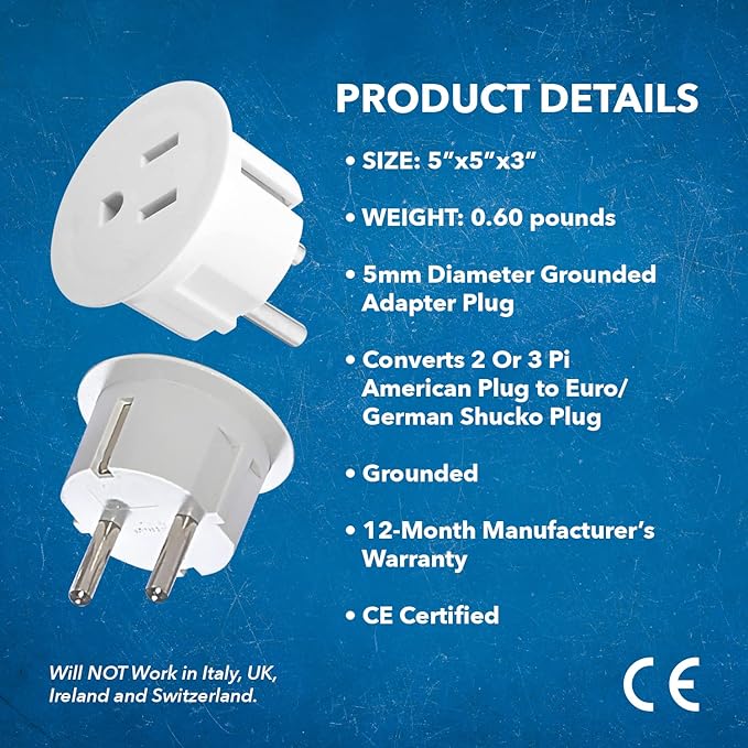 OREI American USA To European plug adapter – Type E/F schuko plug adapter - Use in Germany, France, & more - CE Certified – For Mobile, Laptop & Camera Chargers - 12 Pack