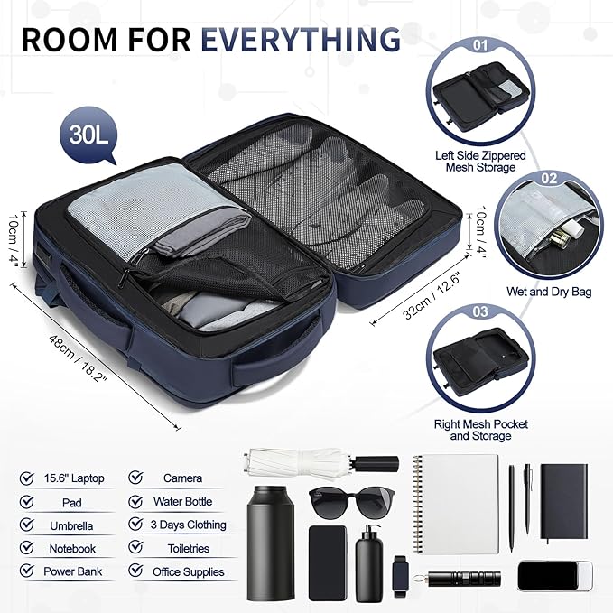 Lay Flat Carry on Travel Backpack, 30L Airline Approved, Fits 16" Laptop, USB-C & USB-A, Water Resistant, Gray