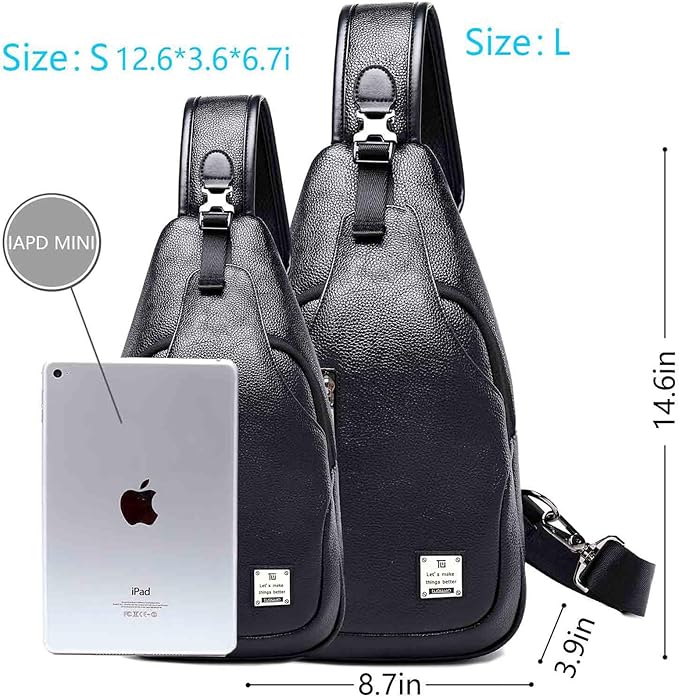 Small Sling Bag Crossbody Backpack Over the Shoulder Bag for Men Women Travel Outdoors, Lightweight Sling Chest Pack (Large, Pu leather)