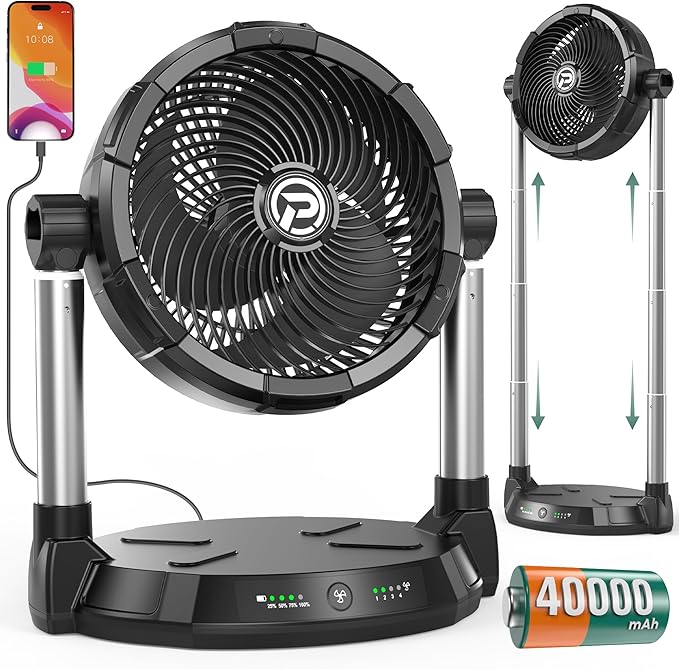 PANERGY Portable Battery Fan for Outdoors-40000mAh Rechargeable Battery, 4-Speed Fan,34.6" Height Adjustable,180° Pivoting Head & Dual Extendable rod for Camping/Beach/Patio/Jobsite/Workshop