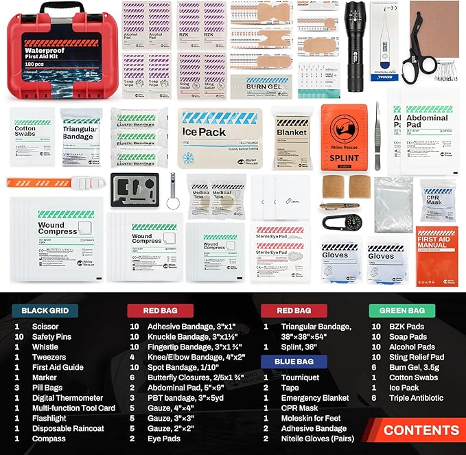 RHINO RESCUE Waterproof Marine First Aid Kit for Boat Durable First Aid Box for Crews with Emergency Medical Supplies for Travel & Fishing (Red)