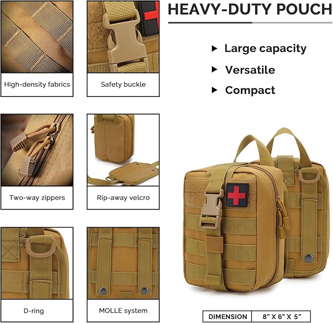 IFAK Trauma First Aid Kit Molle Pouches Emergency Survival Kit for Tactical Military Car Travel Hiking Camping with Vented Chest Seal, Israeli Bandage, Splint, Thermal Blanket, Gloves