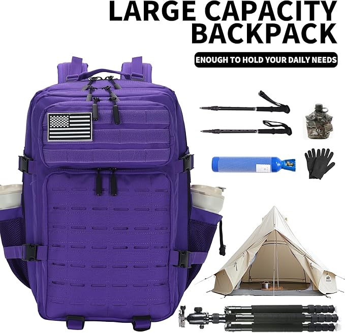 Sparklekle Military Tactical Backpack 45L 3 Day Assault Pack Waterproof Molle Hiking Rucksack for Men&Women (Purple)