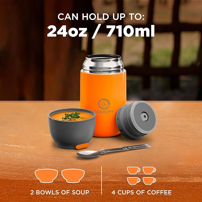 ENERGIFY Vacuum Insulated Food Jar. Large 24oz Bowl incl. Folding Spoon, Cup. Wide Mouth Keep Hot & Cold Drinks Soup Lunch Container for Adults. BPA-Free Stainless Steel, Leak Proof Orange