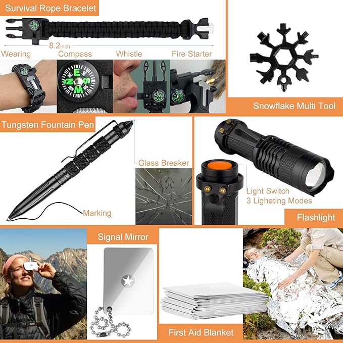Survival Kit 34 in 1 Emergency Tactical Survival Gear Camping Tool Accessories Equipment Gifts for Men Christmas Stocking Stuffers Valentines Birthday Fathers Day for Dad Husband