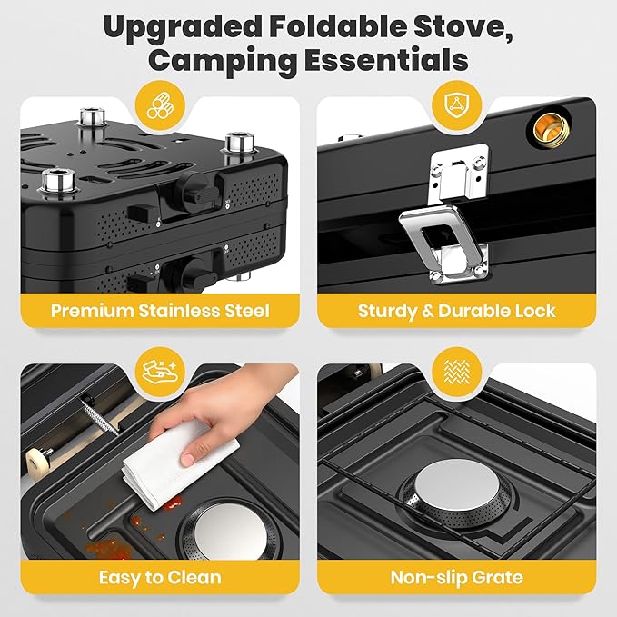 Camp Stove Propane, 2 Burner Folding Propane Camping Stove with Carrying Bag, Adjustable High Heat Burners & Piezo Push-Button Instant Ignition, Outdoor Tailgating, Backyard BBQ Camping Essentials