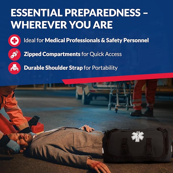 First Responder Trauma First Aid Kit Bag – Fully Stocked Emergency Medical Kit for Workplace, Vehicle & Home – OSHA & ANSI Compliant – Portable – Tactical Black