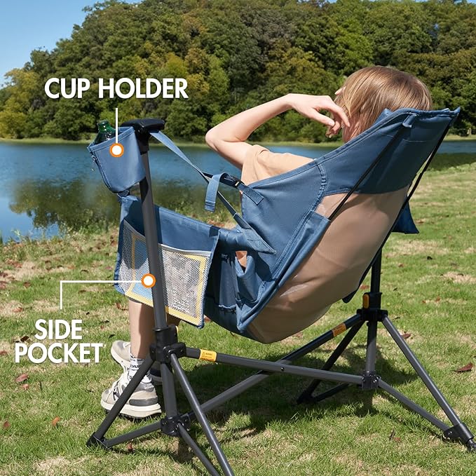 Portal Hammock Camping Chair, Portable Outdoor Swinging Chairs, Rocking Chair for Adults with Adjustable Back and Height for Lawn, Backyard, Patio, Supports 400 lbs, Breathable Mesh High Back, Blue