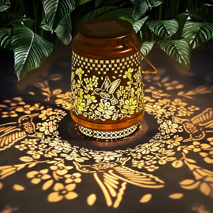 Outdoor Solar Lanterns Hummingbird Decor, Nelyeqwo Waterproof Hanging Solar Lights Gifts for Women Men Metal Lantern Decor for Garden Patio Lawn Porch Backyard Tabletop Pathway Landscape
