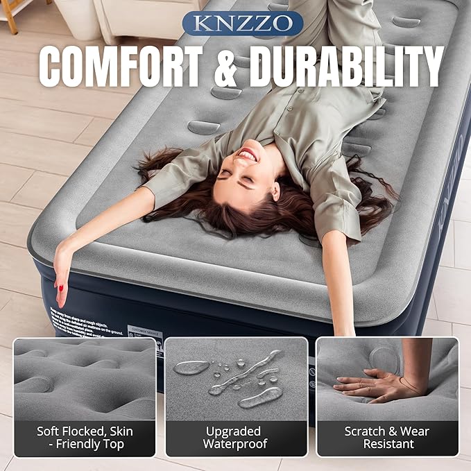 Twin Air Mattress with Built-in Pump, 18" Top Inflatable Mattress with Waterproof Flocking Fabric, Three-Minute Quick-Inflatable Bed. Portable Blow Up Mattress for Home, Outdoor and Guests