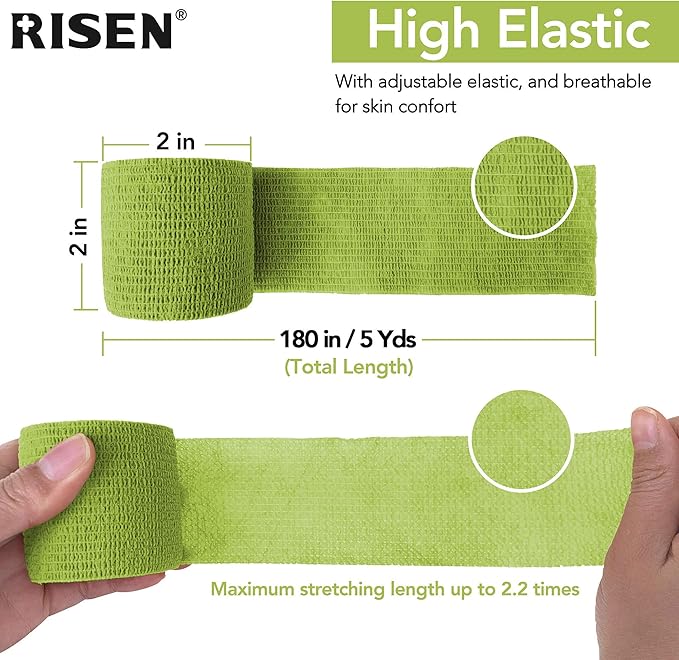 RISEN Cohesive Bandage 2” x 5 Yards, 6 Rolls, Self Adherent Wrap Medical Tape, Adhesive Flexible Breathable First Aid Gauze Ideal for Stretch Athletic