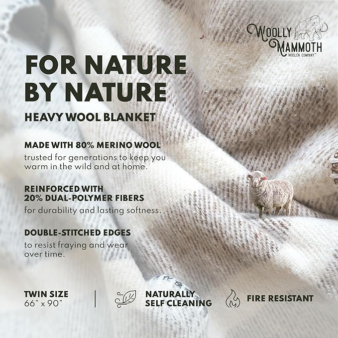 Woolly Mammoth Woolen Company Wool Blanket - 66 x 90 in, Navy & Cream Stripe, Farmhouse Style - Camping Blankets for Sleeping - Camping Gifts & Essentials