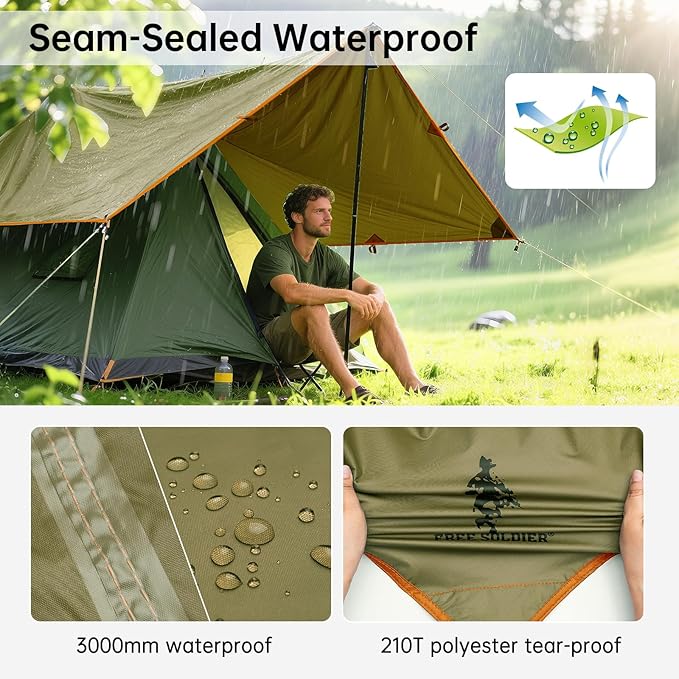FREE SOLDIER Camping Tarp Waterproof Portable Multifunctional Outdoor Camping Traveling Awning Backpacking Shelter Rain Tarp (Brown 13×13ft)